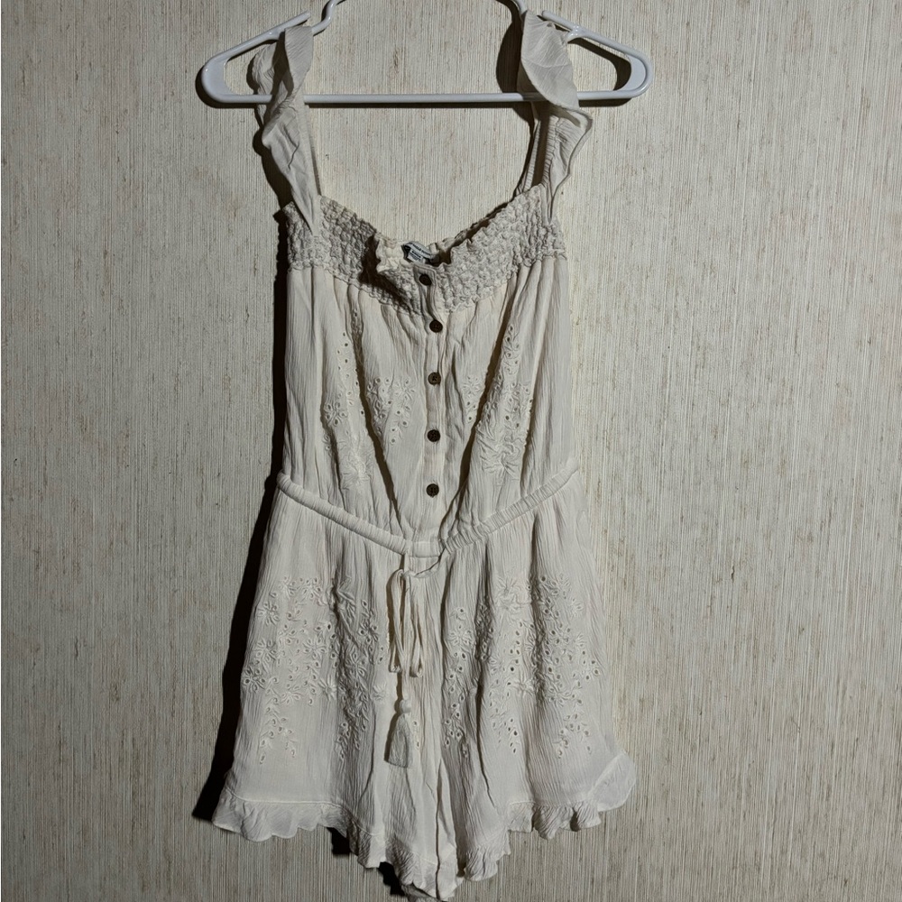 American Eagle Cream Shorts Romper and Dark Blue Spaghetti Strap Top
